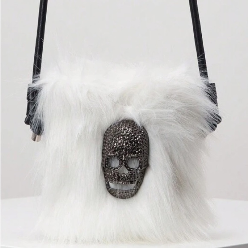Skull Crossbody bag furry white with rhinestone embellished bag